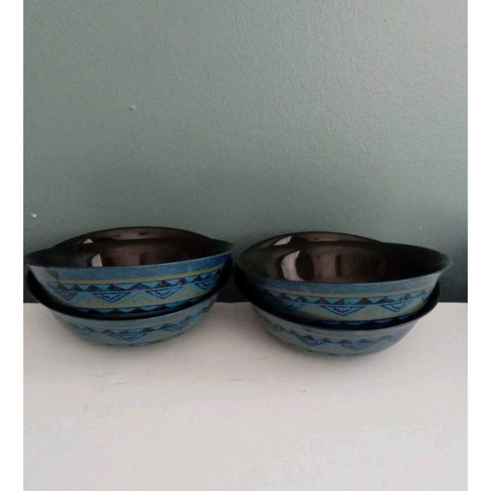 Decorative Bowls Set of 4 Blue Geometric Pattern Serving Dishes‎